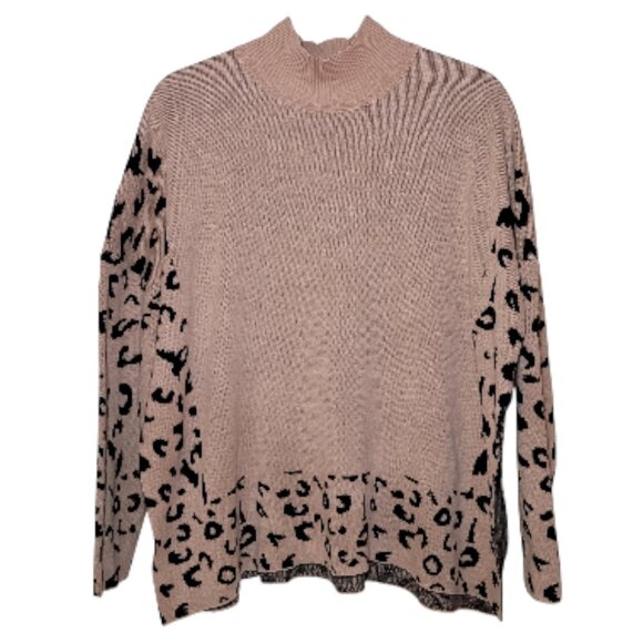Sweaters - Leopard Print Pullover Sweater Mock Neck Womens Small Boho Animal Print